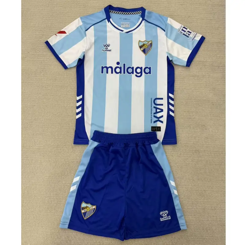 Camiseta Málaga CF 2025/2026 Home Azul/Blanco Niño Kit con Parche La Liga