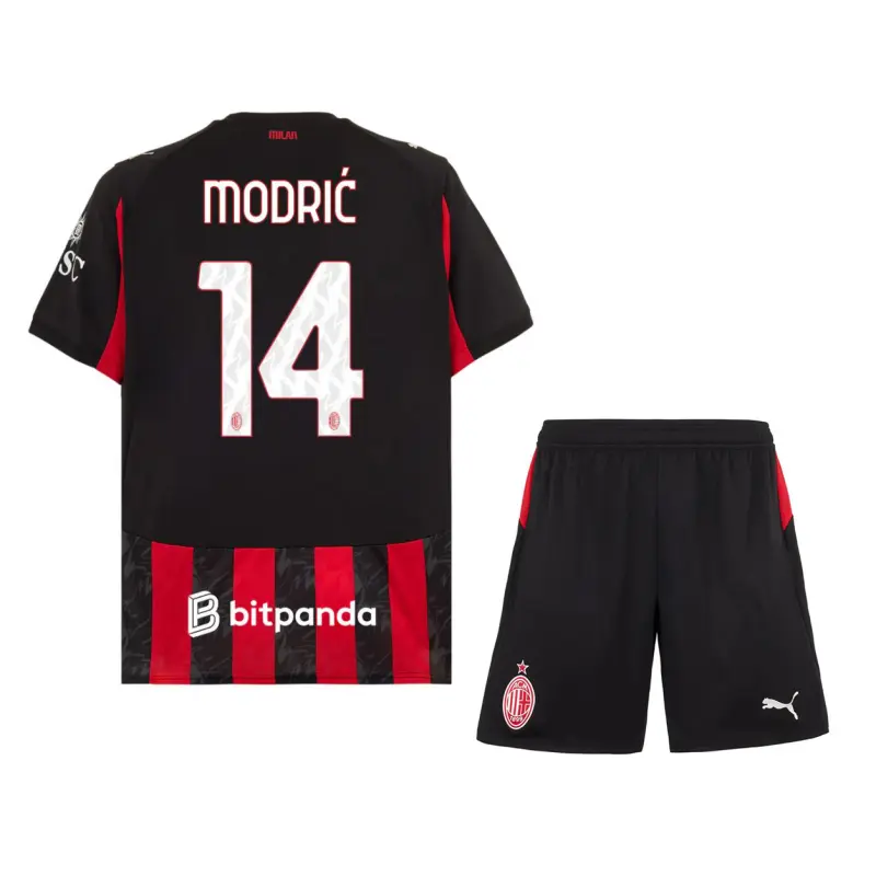 Camiseta MODRIĆ 14 AC Milan 2025/2026 Home Rojo/Negro Niño Kit