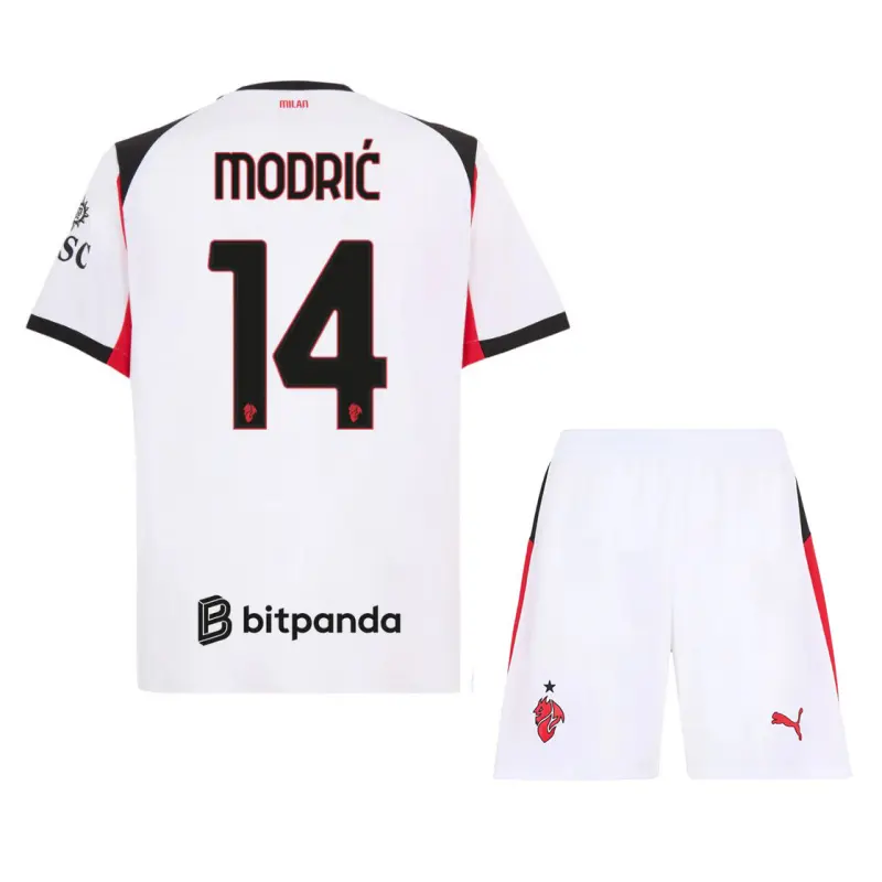 Camiseta MODRIĆ 14 AC Milan 2025/2026 Away Blanco Niño Kit
