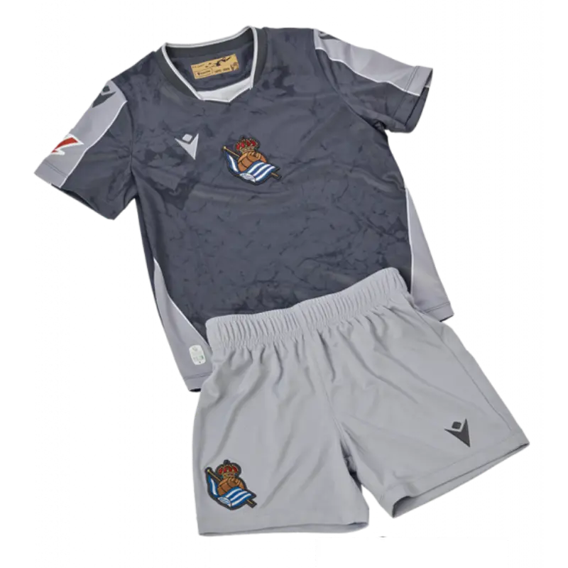 Camiseta Real Sociedad 2025/2026 Away Azul Marino/Gris Niño Kit con Parche La Liga