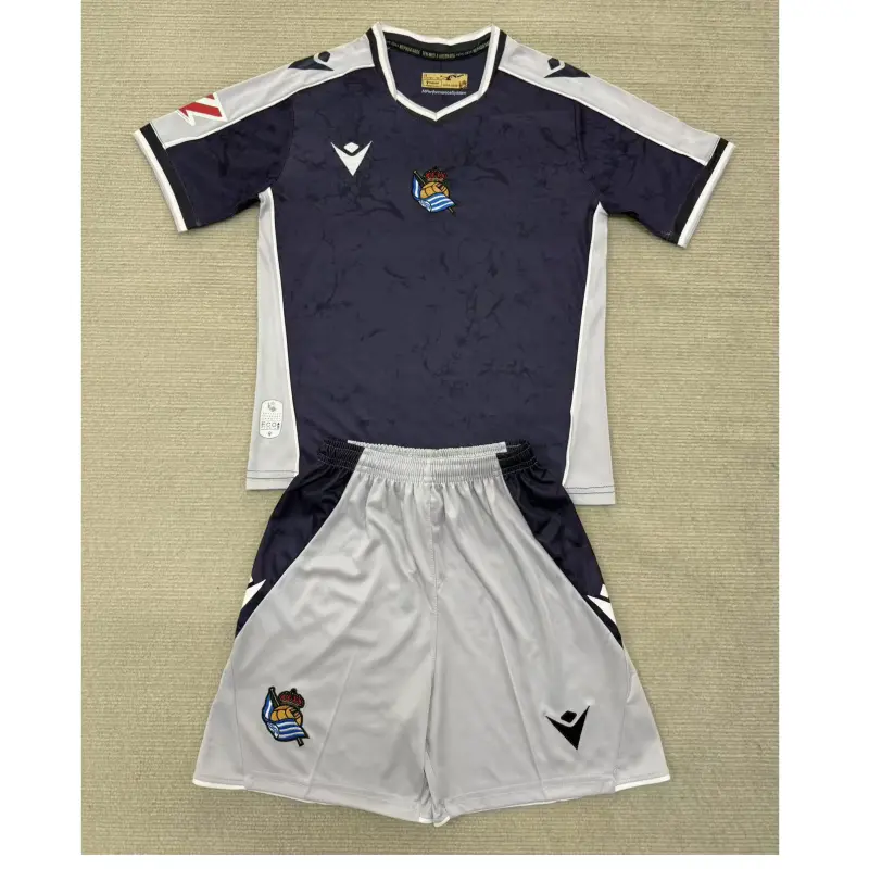 Camiseta Real Sociedad 2025/2026 Away Azul Marino/Gris Niño Kit con Parche La Liga