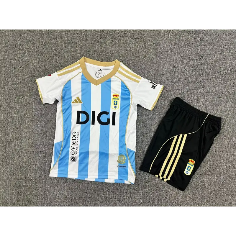 Camiseta Real Oviedo 2025/2026 Third Azul/Blanco Niño Kit con Parche La Liga