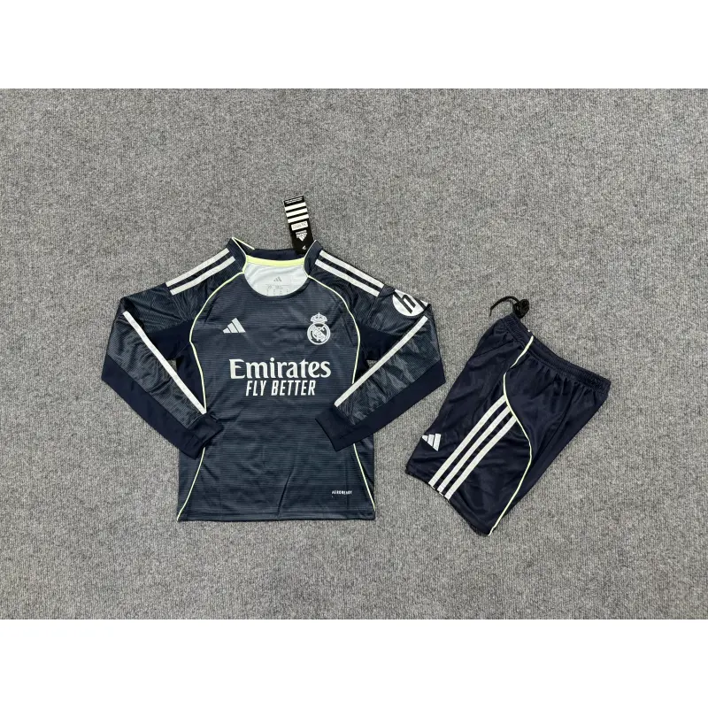 Camiseta Real Madrid 2025/2026 Away ML Azul Marino Niño Kit con Parche HP Camiseta Real Madrid 2025/2026 Away ML Azul Marino Niño Kit con Parche HP