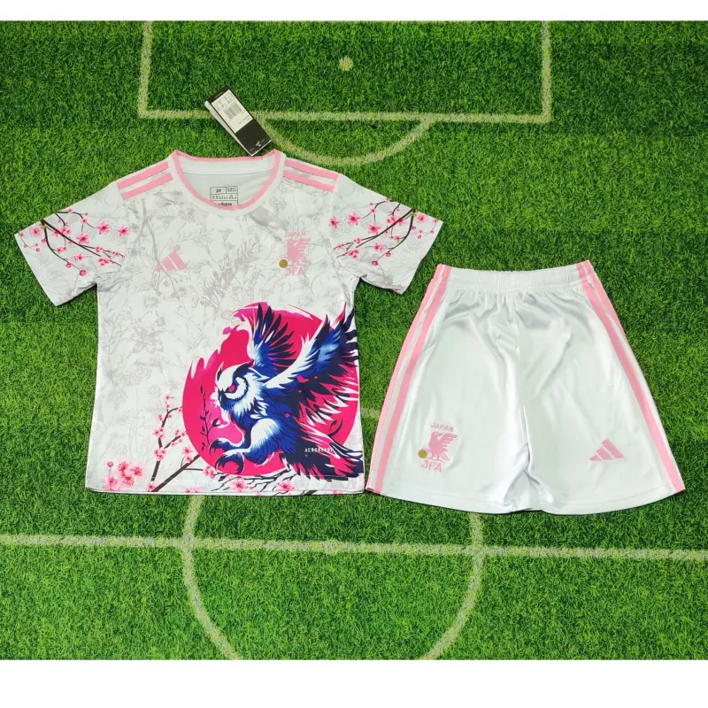 Camiseta Japón 2026 Edición Especial con Estampado de Búho Blanco/Rosa Niño Kit