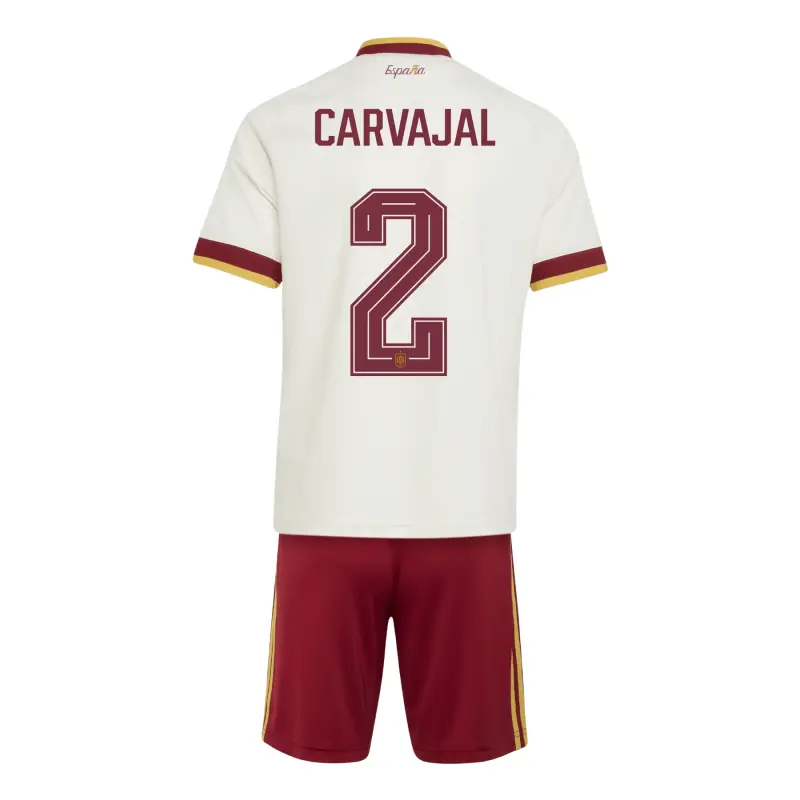 Camiseta Carvajal 2 España Mundial 2026 Away Blanco/Rojo Niño Kit
