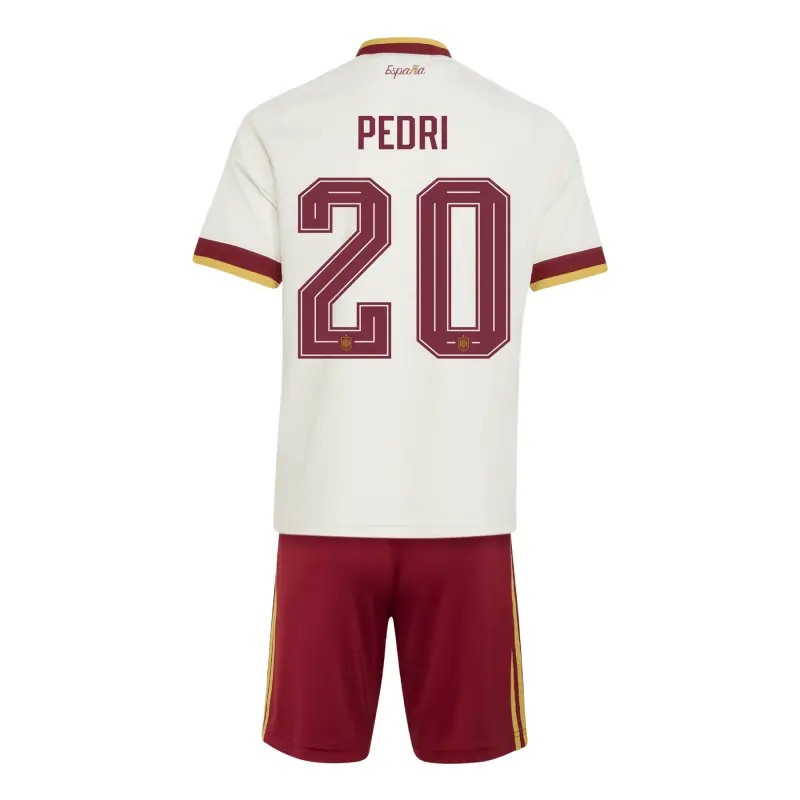 Camiseta Pedri 20 España Mundial 2026 Away Blanco/Rojo Niño Kit
