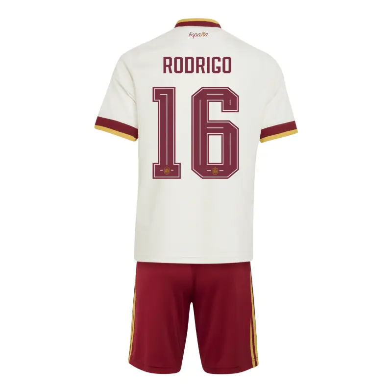 Camiseta Rodrigo 16 España Mundial 2026 Away Blanco/Rojo Niño Kit