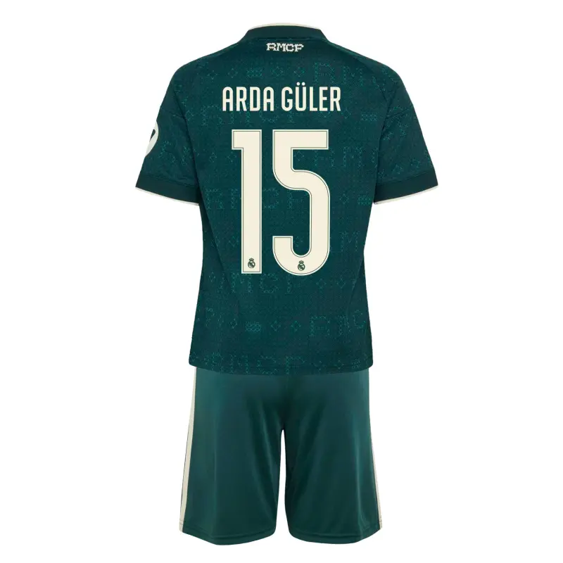 Camiseta ARDA GÜLER 15 Real Madrid Away Equipación 2026/2027 Verde Oscuro Niño Kit con Parche HP