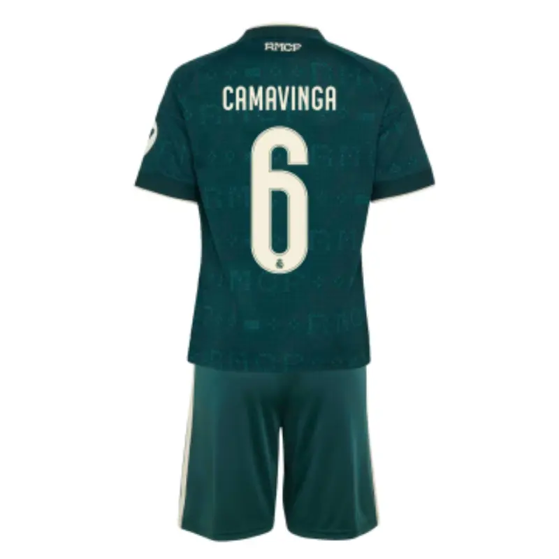 Camiseta CAMAVINGA 6 Real Madrid Away Equipación 2026/2027 Verde Oscuro Niño Kit con Parche HP