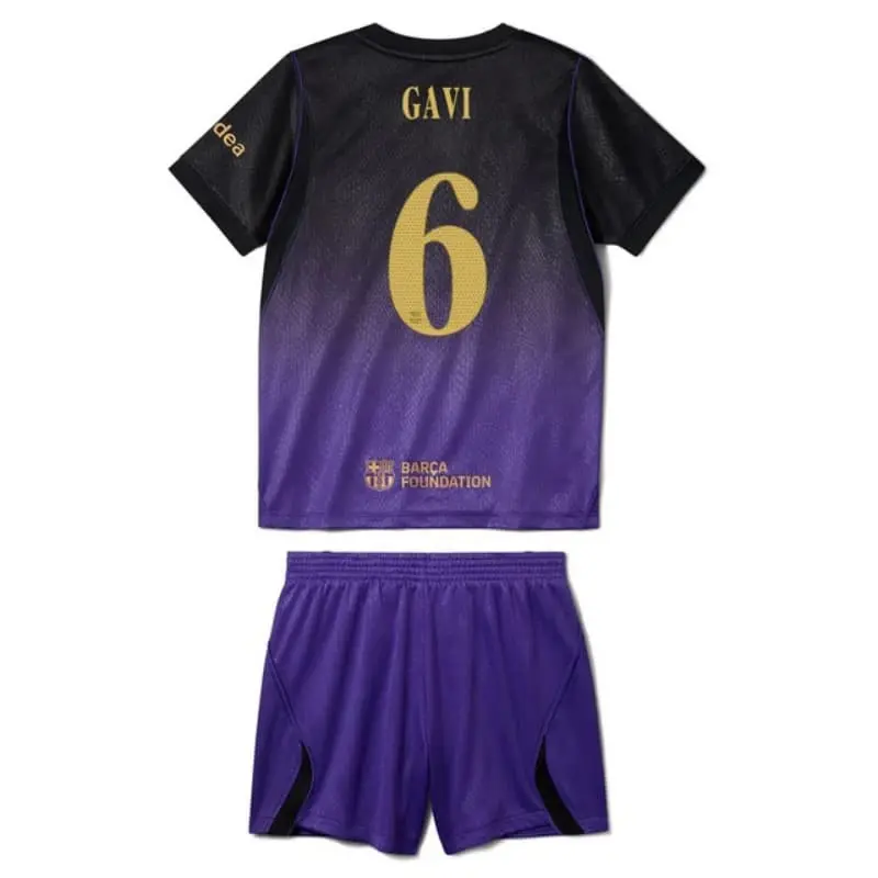 Camiseta GAVI 6 Barcelona Away Equipación 2026/2027 Negro/Morado Niño Kit UCL