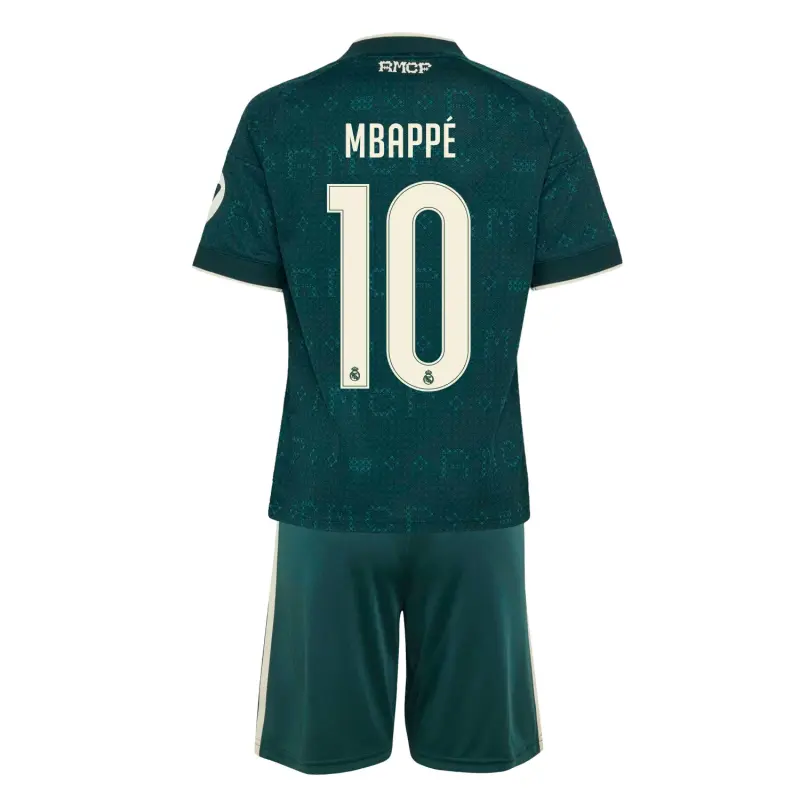 Camiseta MBAPPÉ 10 Real Madrid Away Equipación 2026/2027 Verde Oscuro Niño Kit con Parche HP