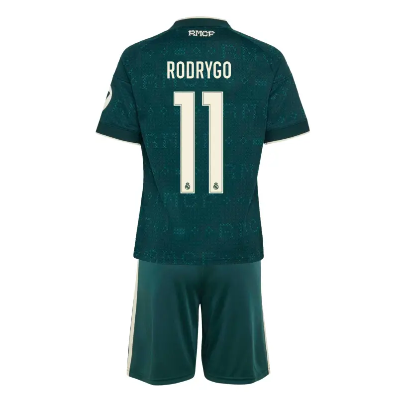 Camiseta RODRYGO 11 Real Madrid Away Equipación 2026/2027 Verde Oscuro Niño Kit con Parche HP