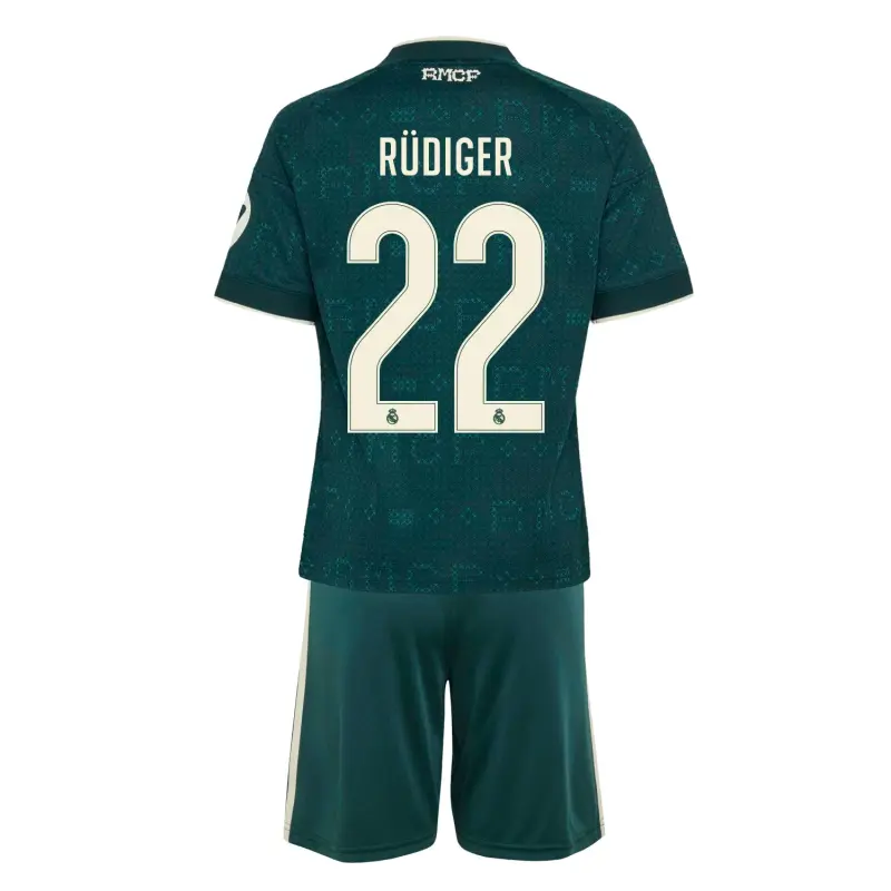 Camiseta RUDIGER 22 Real Madrid Away Equipación 2026/2027 Verde Oscuro Niño Kit con Parche HP