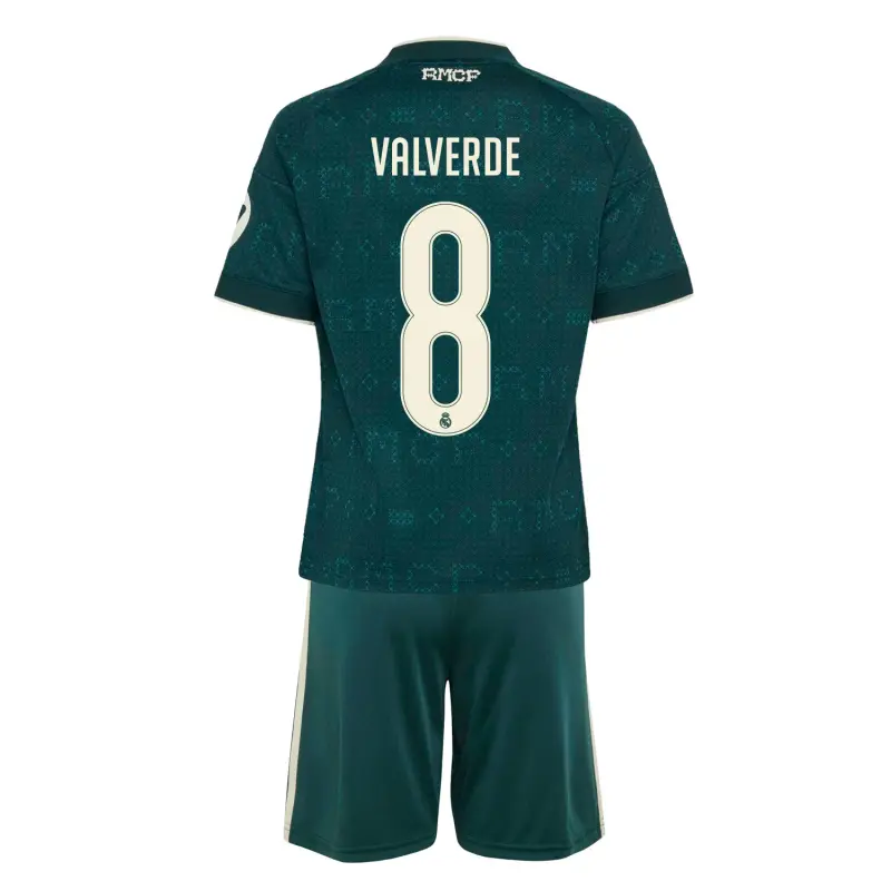 Camiseta VALVERDE 8 Real Madrid Away Equipación 2026/2027 Verde Oscuro Niño Kit con Parche HP