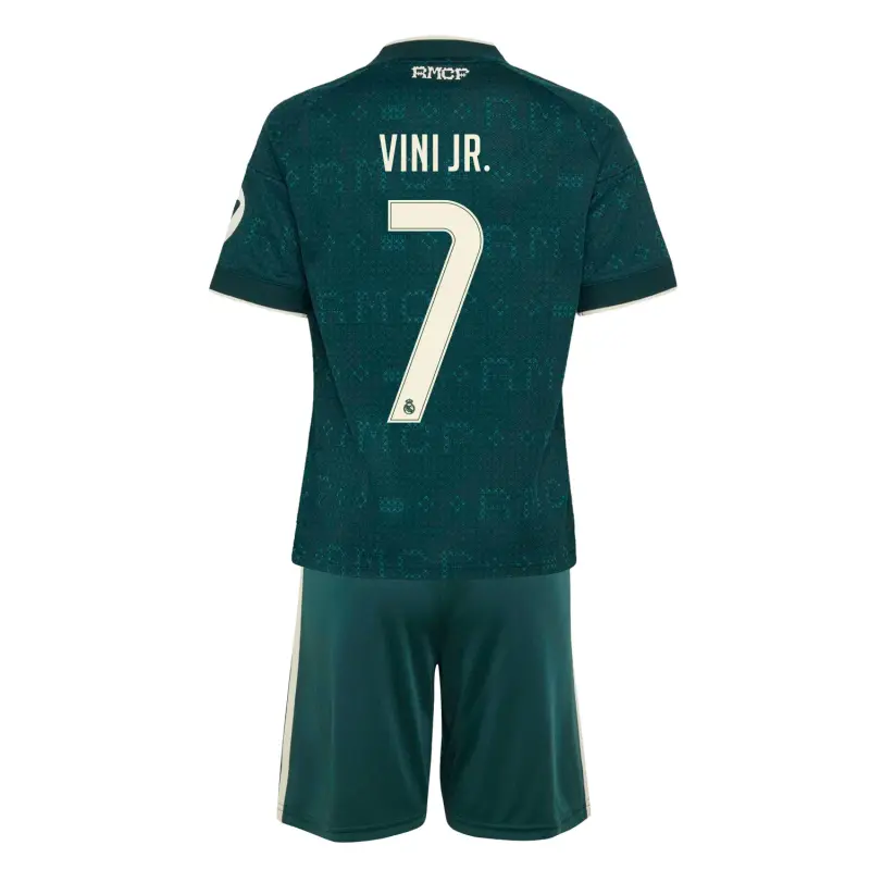 Camiseta VINI JR. 7 Real Madrid Away Equipación 2026/2027 Verde Oscuro Niño Kit con Parche HP
