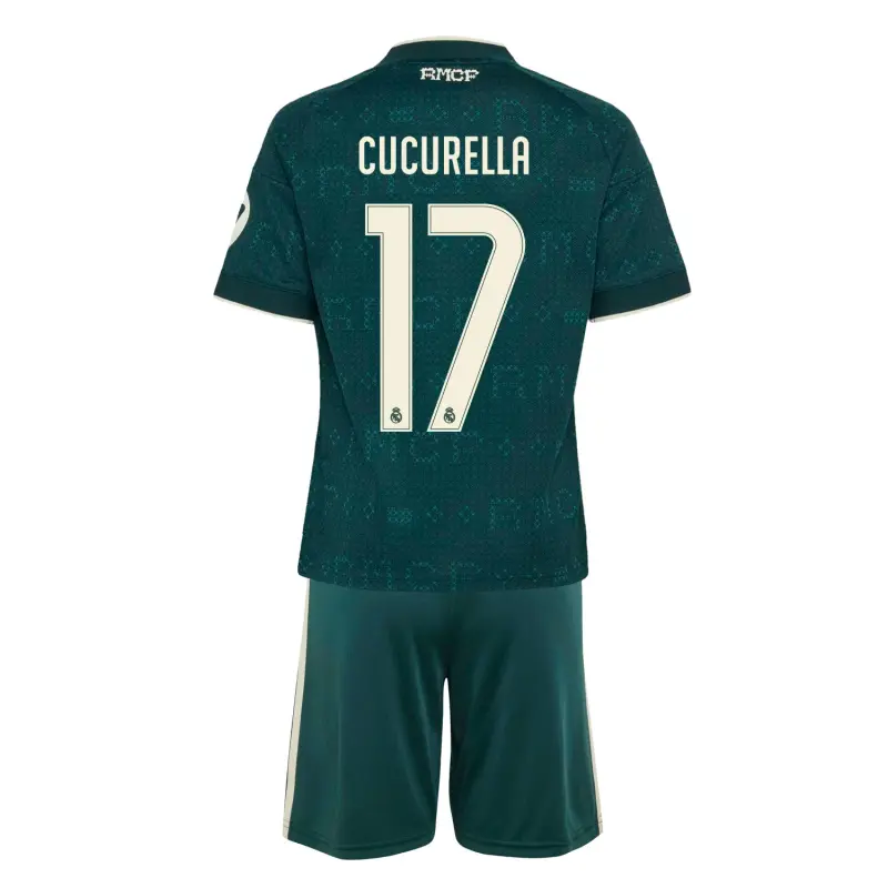 Camiseta CUCURELLA 17 Real Madrid Away Equipación 2026/2027 Verde Oscuro Niño Kit con Parche HP