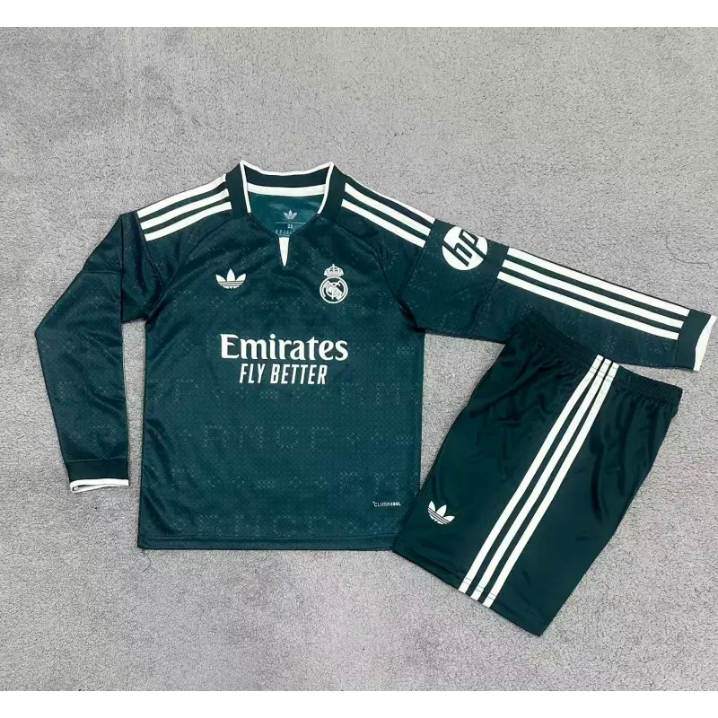 Camiseta Real Madrid Away 2026/2027 ML Verde Oscuro Niño Kit con Parche HP