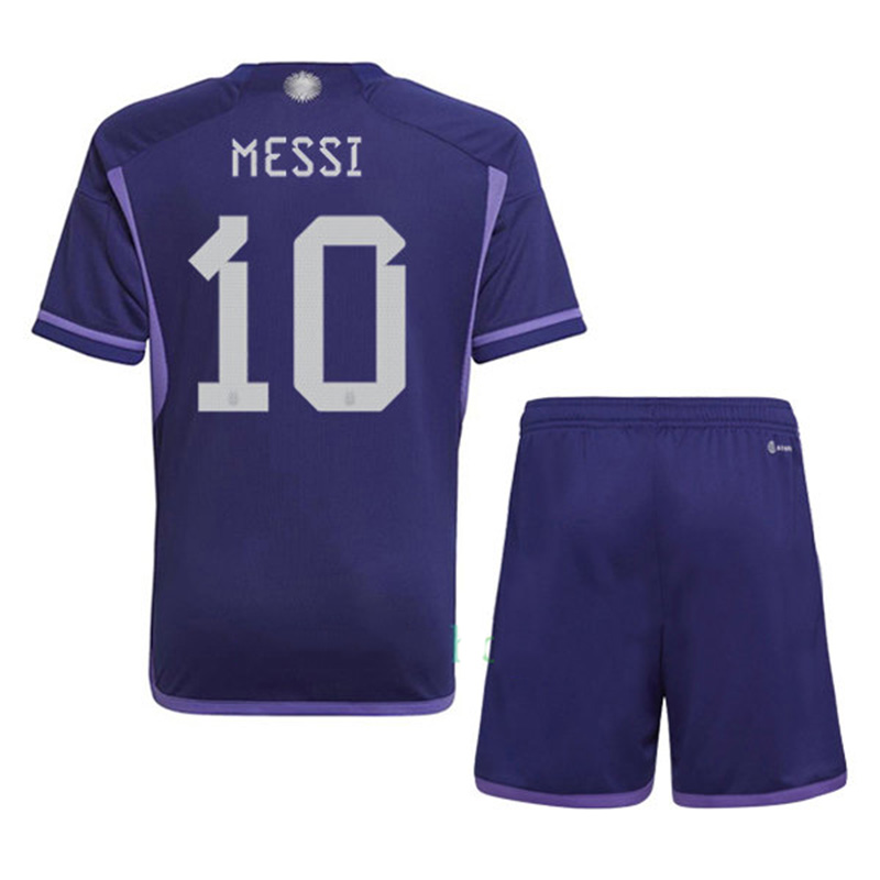 Camiseta Messi 10 Argentina Away 2022 Mundial 3 Estrellas Niño Kit