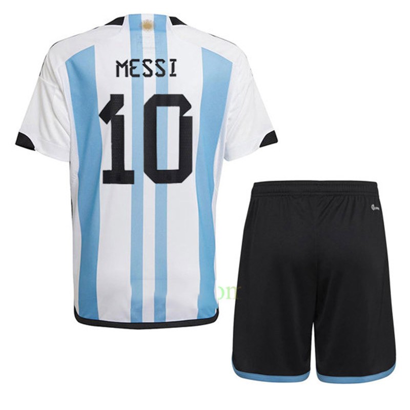Camiseta Messi 10 Argentina Home 2022 Mundial 3 Estrellas Niño Kit